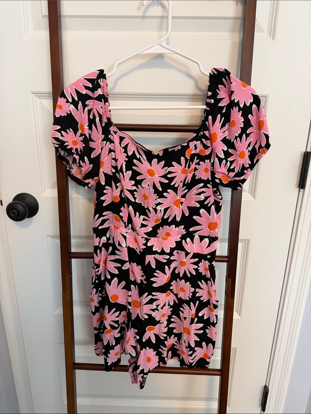 Lily Rose Black Romper with Pink & Orange Daisy Print